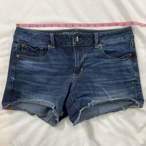 American Eagle Shortie Blue Jean Shorts Frayed Hem - Dark Blue Super Stretch